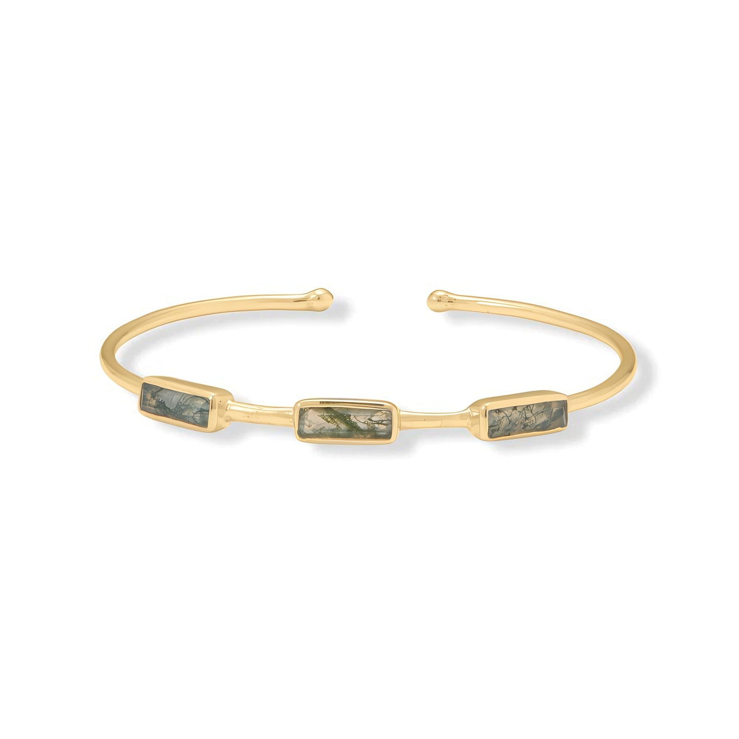 Baguette Moss Agate Cuff Bracelet 14K Gold Plated 925 Sterling Silver 10x3mm 1.8mm