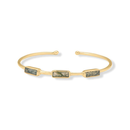 Nature's Balance Cuff - 14K Gold Plated Moss Agate Bracelet | Baguette Cut 10mm x 3mm Stones
