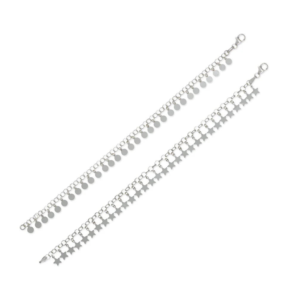 Moon & Stars Charm Bracelet Set 925 Silver 2 Bracelets Lobster Italy 7in