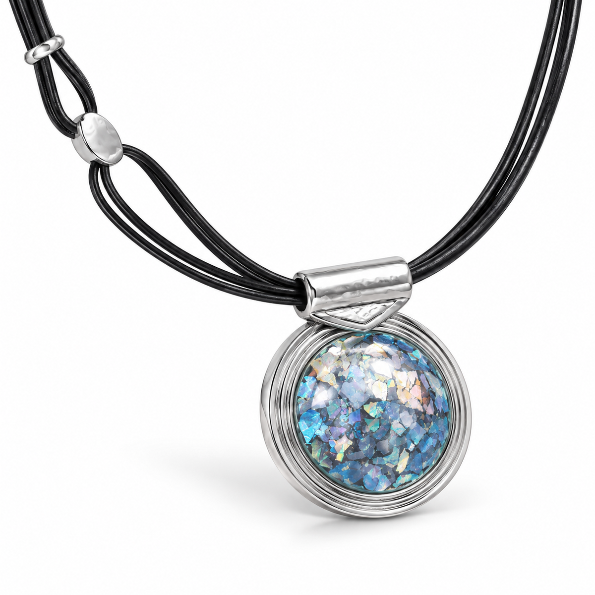 Roman Glass Pendant Necklace 4-Strand Leather 925 Silver 40x47mm w/Certificate