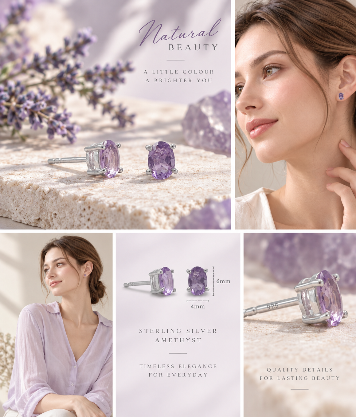 Faceted Oval Amethyst Stud Earrings 925 Sterling Silver 4x6mm