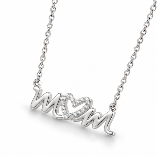 CZ Mom Heart Necklace Rhodium Plated 925 Silver 25.5x8.5mm 1.8mm CZ 16+2in