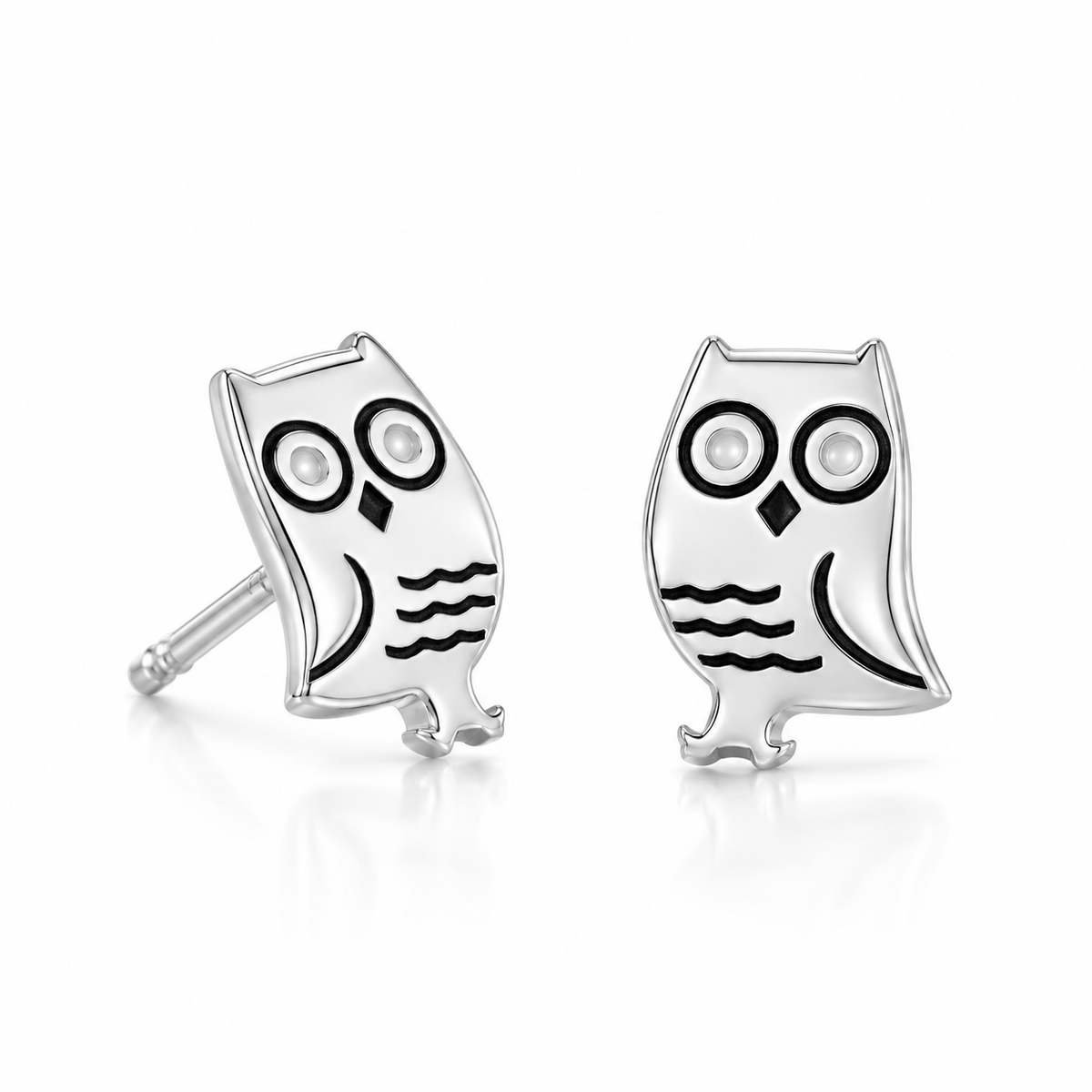 Enamel Owl Stud Earrings Polished 925 Sterling Silver 10mm