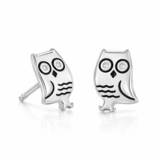 Enamel Owl Stud Earrings Polished 925 Sterling Silver 10mm
