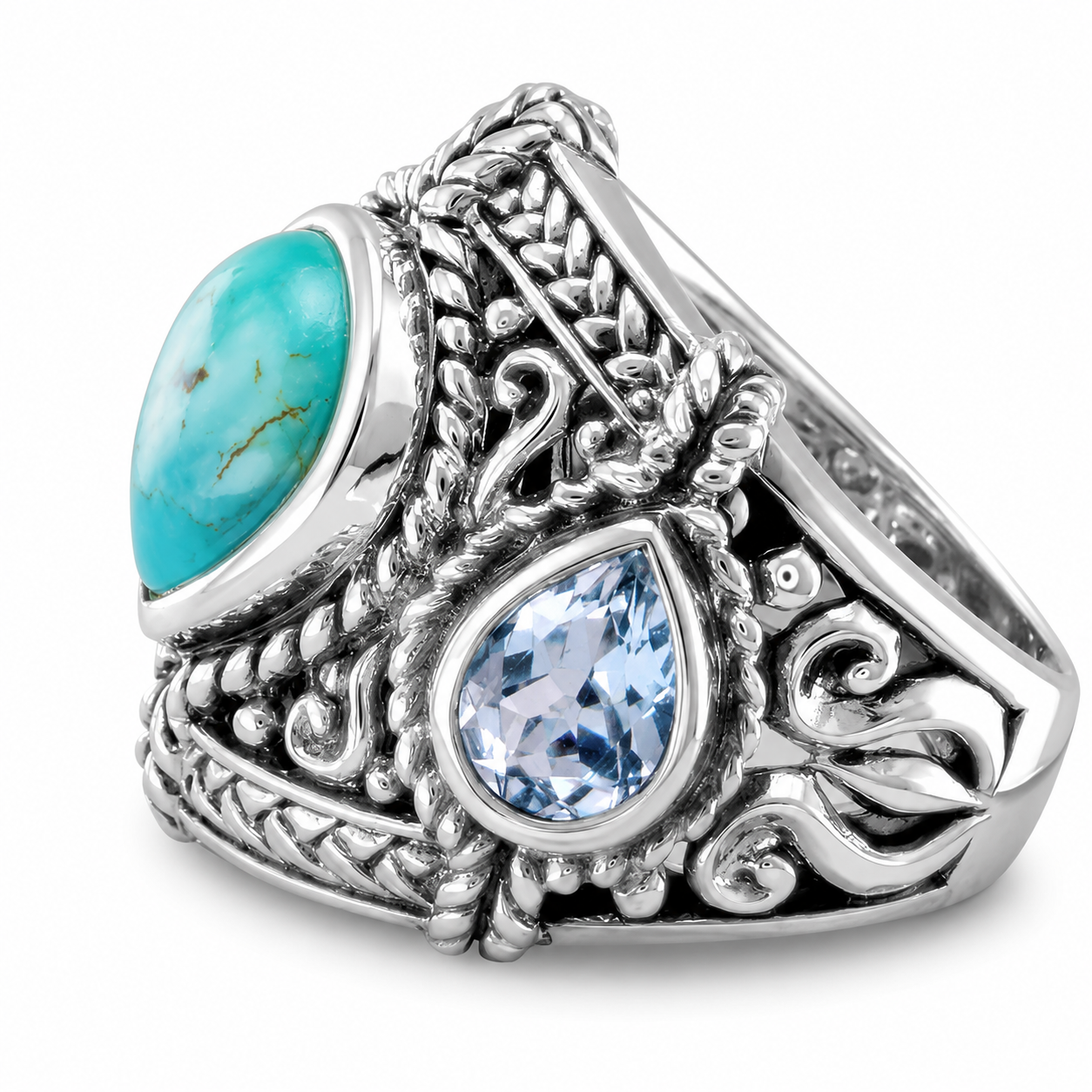 Pear Blue Topaz Turquoise 3-Stone Ring Oxidized 925 Sterling Silver Sizes 6-10