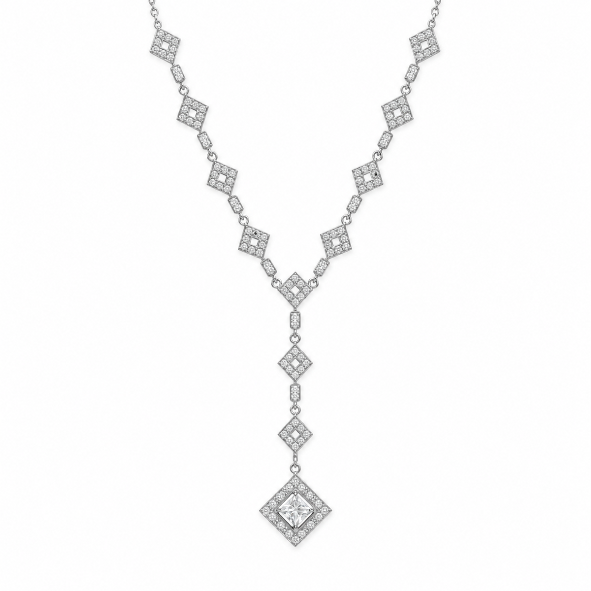 CZ Y Drop Necklace Rhodium 925 Silver Diamond Shape 15.4mm Pendant 2.5in Drop 16in