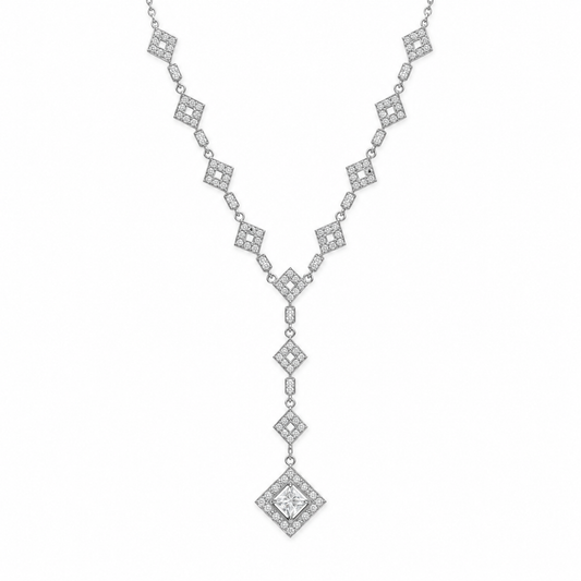 CZ Y Drop Necklace Rhodium 925 Silver Diamond Shape 15.4mm Pendant 2.5in Drop 16in
