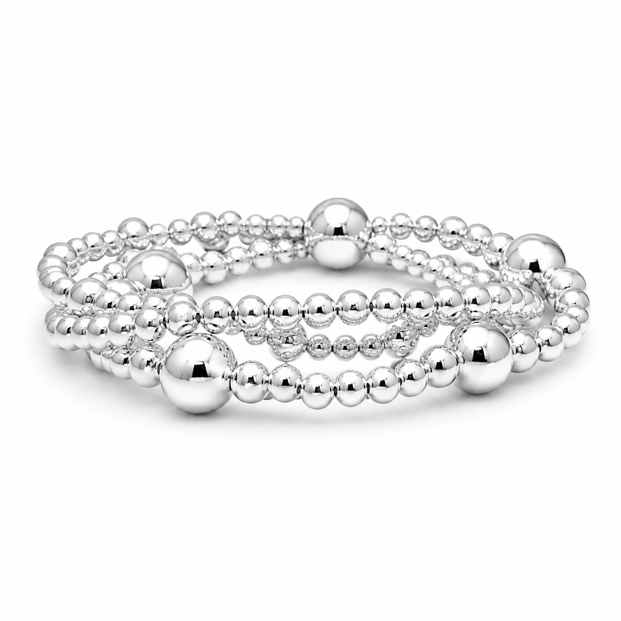 Triple Strand Silver Bead Stretch Bracelet 925 Sterling Silver Mixed Size 8in