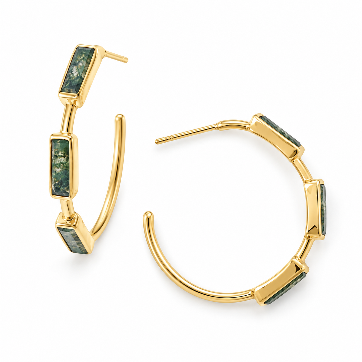 Moss Agate Baguette Hoop Earrings 14K Gold Plated 925 Sterling Silver 32mm