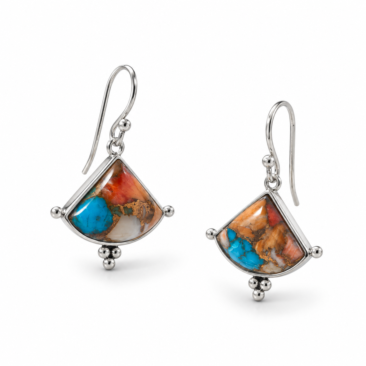 Spiny Oyster Turquoise Triangle Earrings 925 Sterling Silver French Wire 30mm