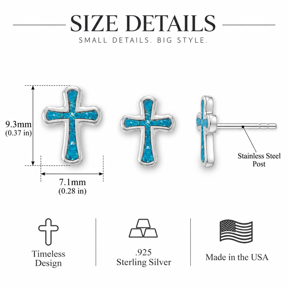 Turquoise Cross Stud Earrings Oxidized 925 Sterling Silver Made in USA 9.3mm