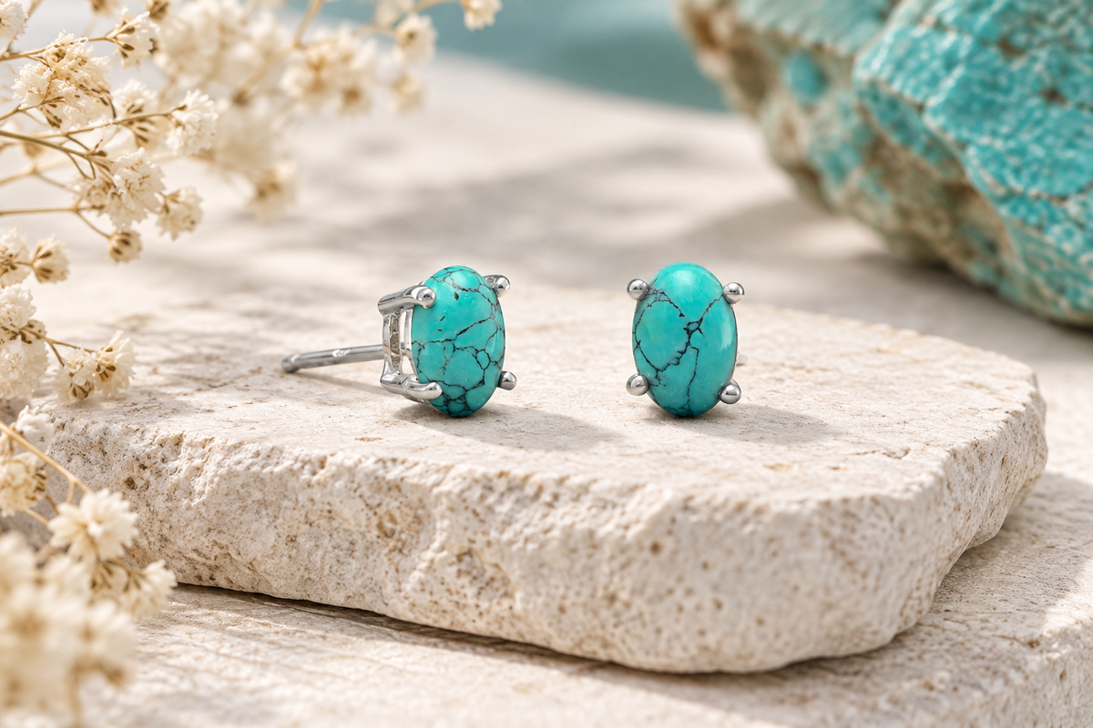 Stabilized Turquoise Stud Earrings 925 Sterling Silver 4mm x 6mm