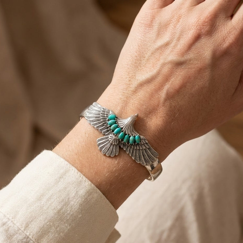 Eagle Turquoise Cuff Bracelet - Sterling Silver Oxidized Southwest Style