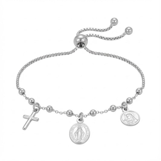 Sterling Silver Religious Charm Bolo Bracelet, Rhodium Plated, 9 Inch Adjustable, Cross and Mary Charms, Italian Made
