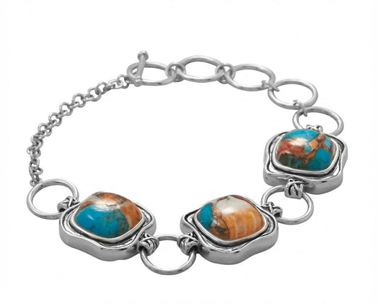 Turquoise and Spiny Oyster Bracelet - Sterling Silver Toggle Design