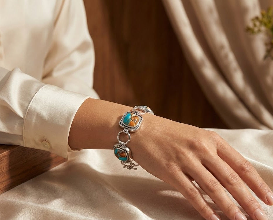 Spiny Oyster Turquoise Toggle Bracelet 925 Silver Cushion Cut 13mm 6.5-8.5in