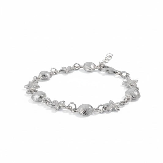Sterling Silver Shell and Starfish Bracelet, Rhodium Plated, 6.5+1 Inch, Italian Made