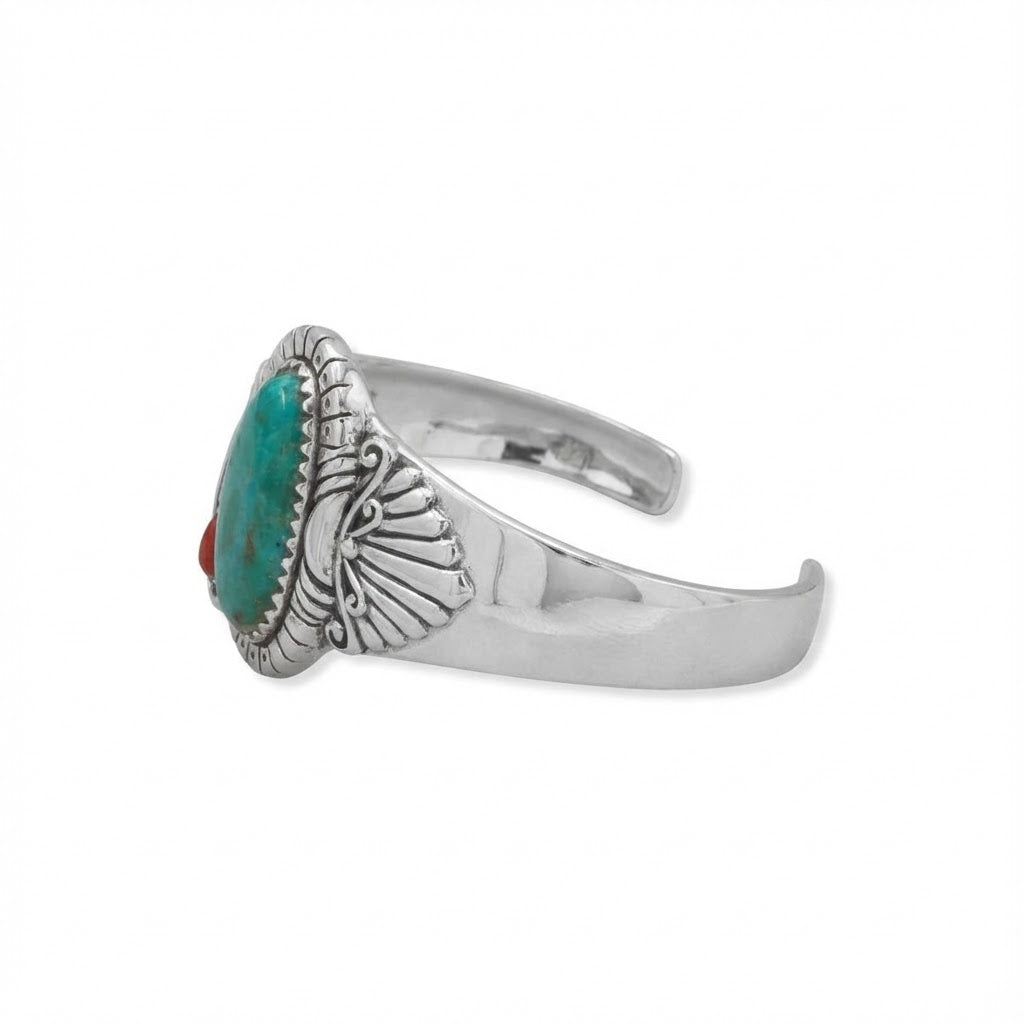 Turquoise and Coral Cuff Bracelet - Sterling Silver Southwest Style Fan Design