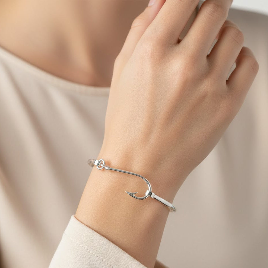 Fish Hook Bangle Bracelet - Sterling Silver Rhodium Plated Nautical