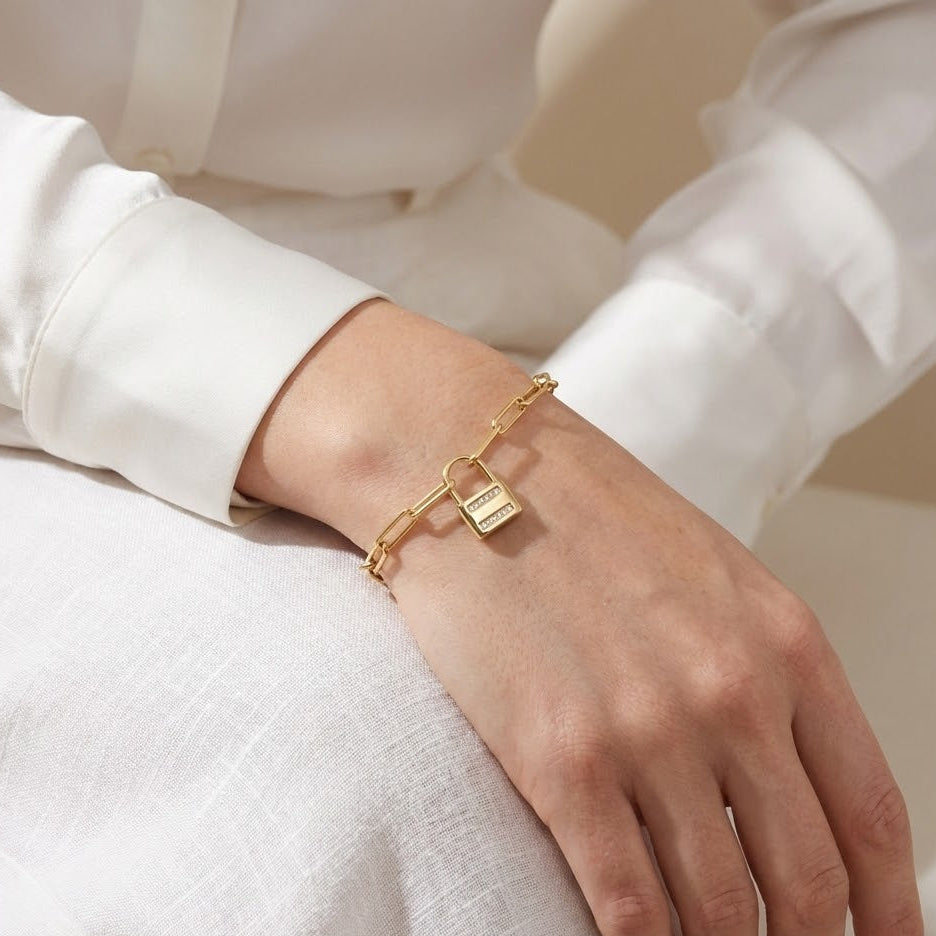 14 Karat Gold Plated Sterling Silver CZ Lock Toggle Bracelet, Paper Clip Style Chain, Adjustable 6.5-7.5 Inch