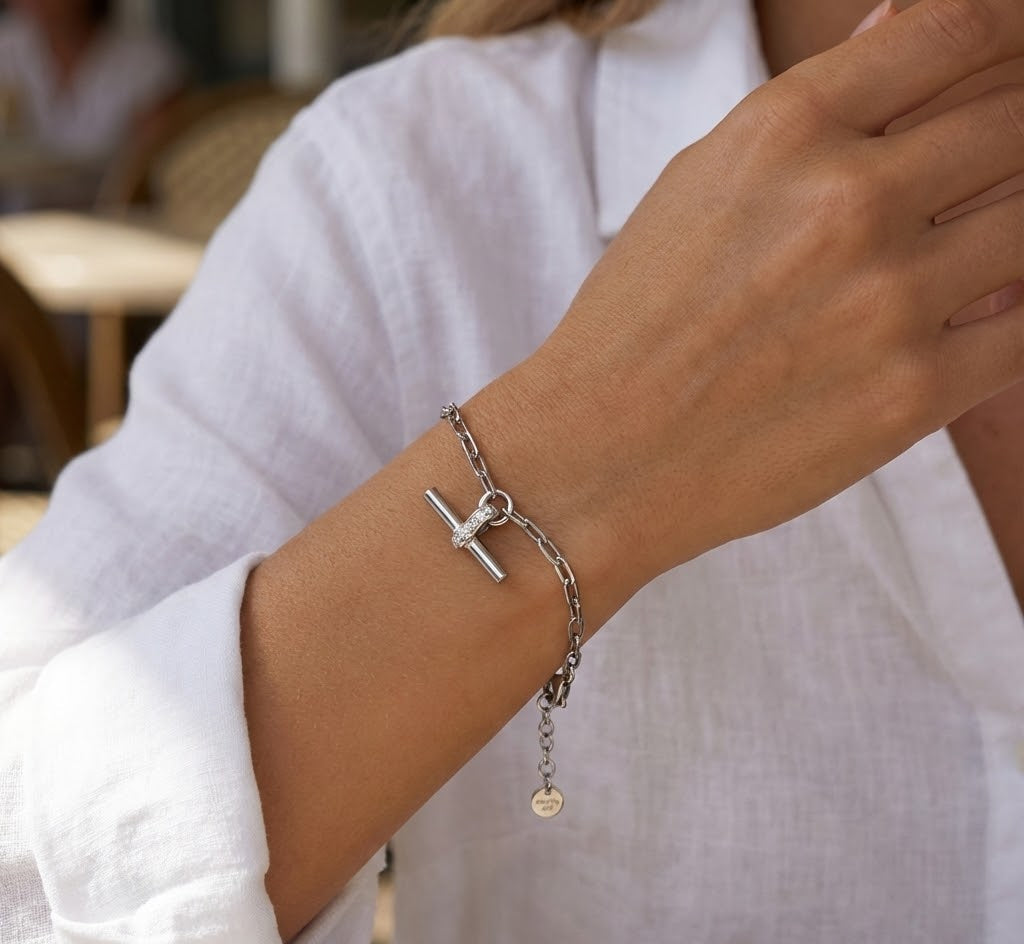 CZ Toggle Bar Paperclip Chain Bracelet Rhodium Plated 925 Silver Italy 7in+1in