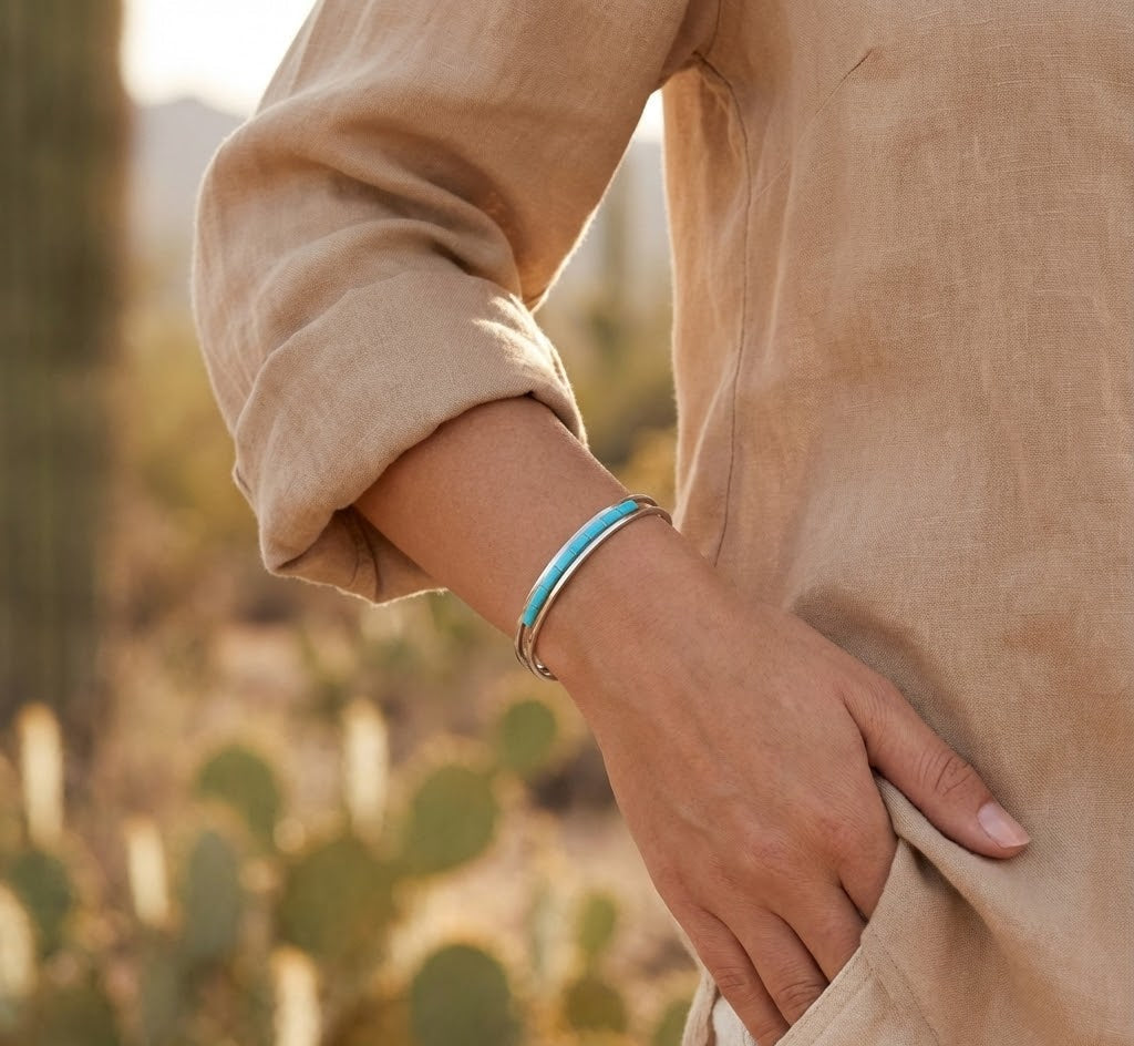 Kingman Turquoise Cuff Bracelet Navajo Handcrafted 925 Silver USA 6mm 6.1mm 60mm