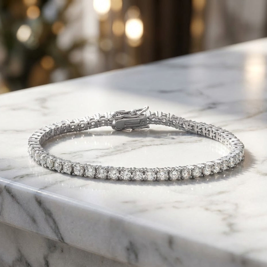 Sterling Silver Tennis Bracelet, Rhodium Plated, 3mm CZ Stones, 7 Inch Length, Box Clasp