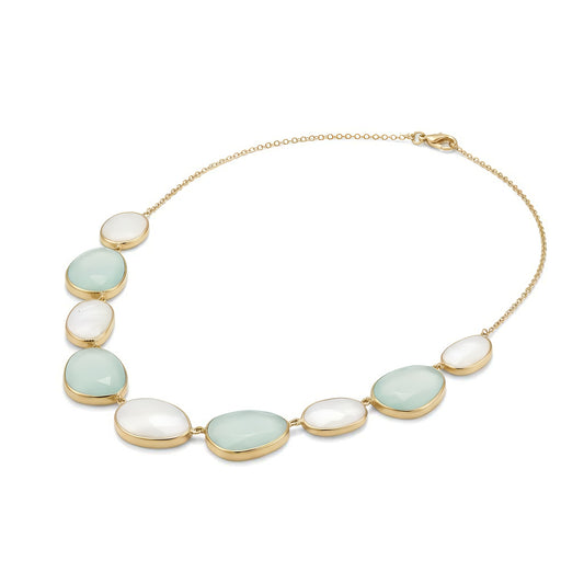 14 Karat Gold Plated Sterling Silver Necklace with Rainbow Moonstone, Green Chalcedony, 16 Inch Chain, Bezel Set Oval Stones