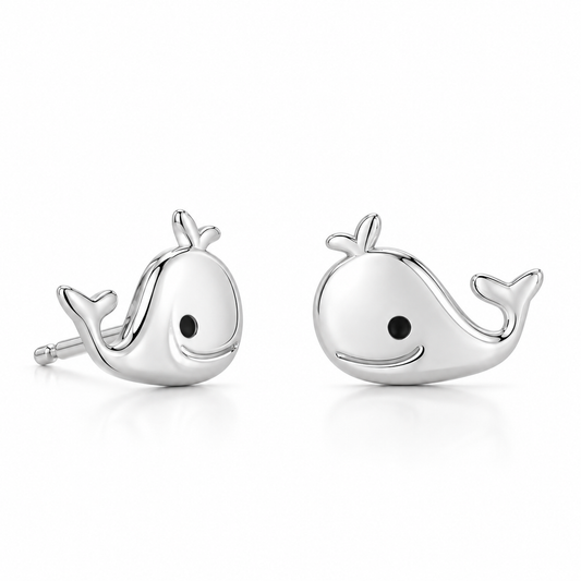 Enamel Smiling Whale Stud Earrings Polished 925 Sterling Silver 9mm