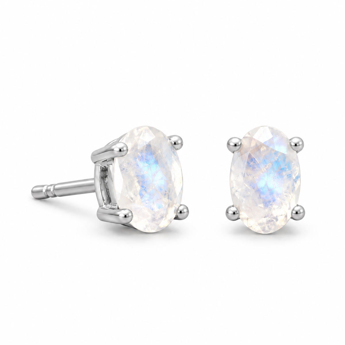 Rainbow Moonstone Stud Earrings 925 Sterling Silver 4mm x 6mm