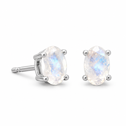 Rainbow Moonstone Stud Earrings 925 Sterling Silver 4mm x 6mm