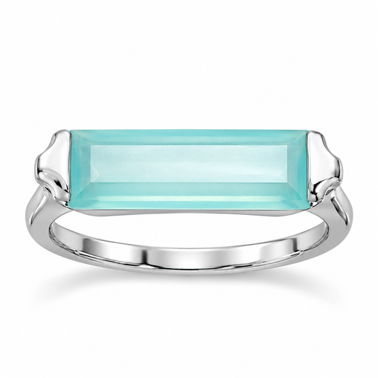 Rhodium Plated Green Chalcedony Bar Ring 925 Silver 5x14mm 1.5mm