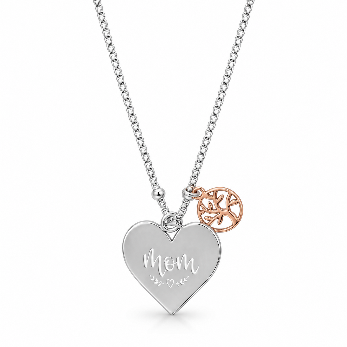 Mom Heart Family Tree Necklace 925 Silver Rose Gold Plated 18.2mm Charm 16+2in