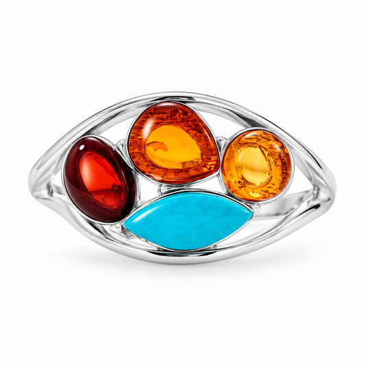 Baltic Amber Turquoise Cutout Ring 925 Sterling Silver Multicolor Sizes 6-9
