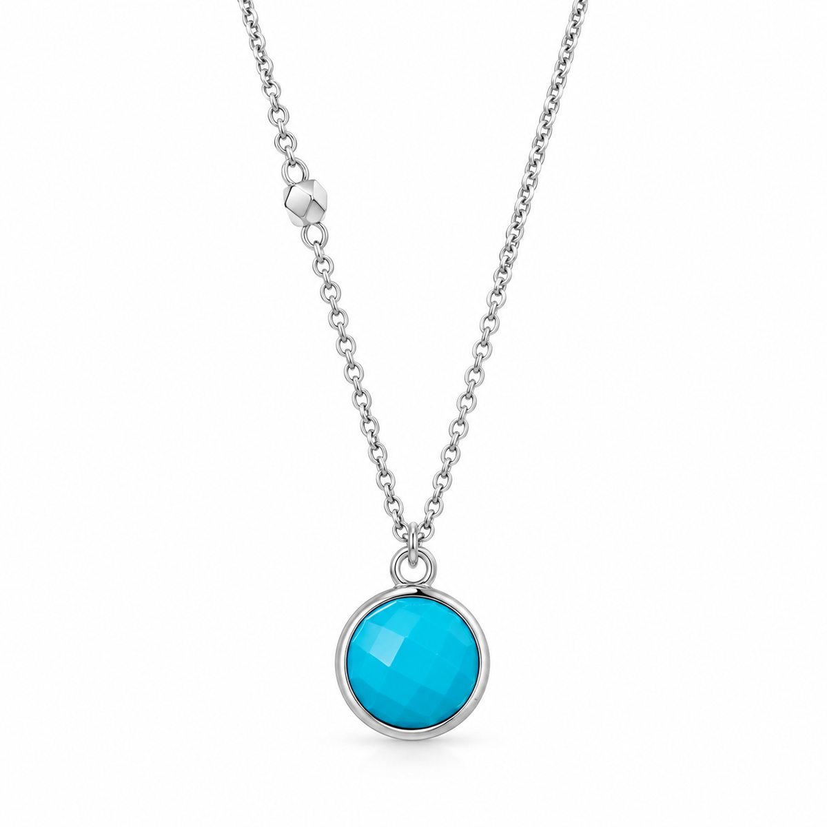 Faceted Turquoise Necklace Rhodium 925 Silver 9.5mm Reconstituted Bead Chain 16+2in