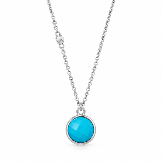 Faceted Turquoise Necklace Rhodium 925 Silver 9.5mm Reconstituted Bead Chain 16+2in