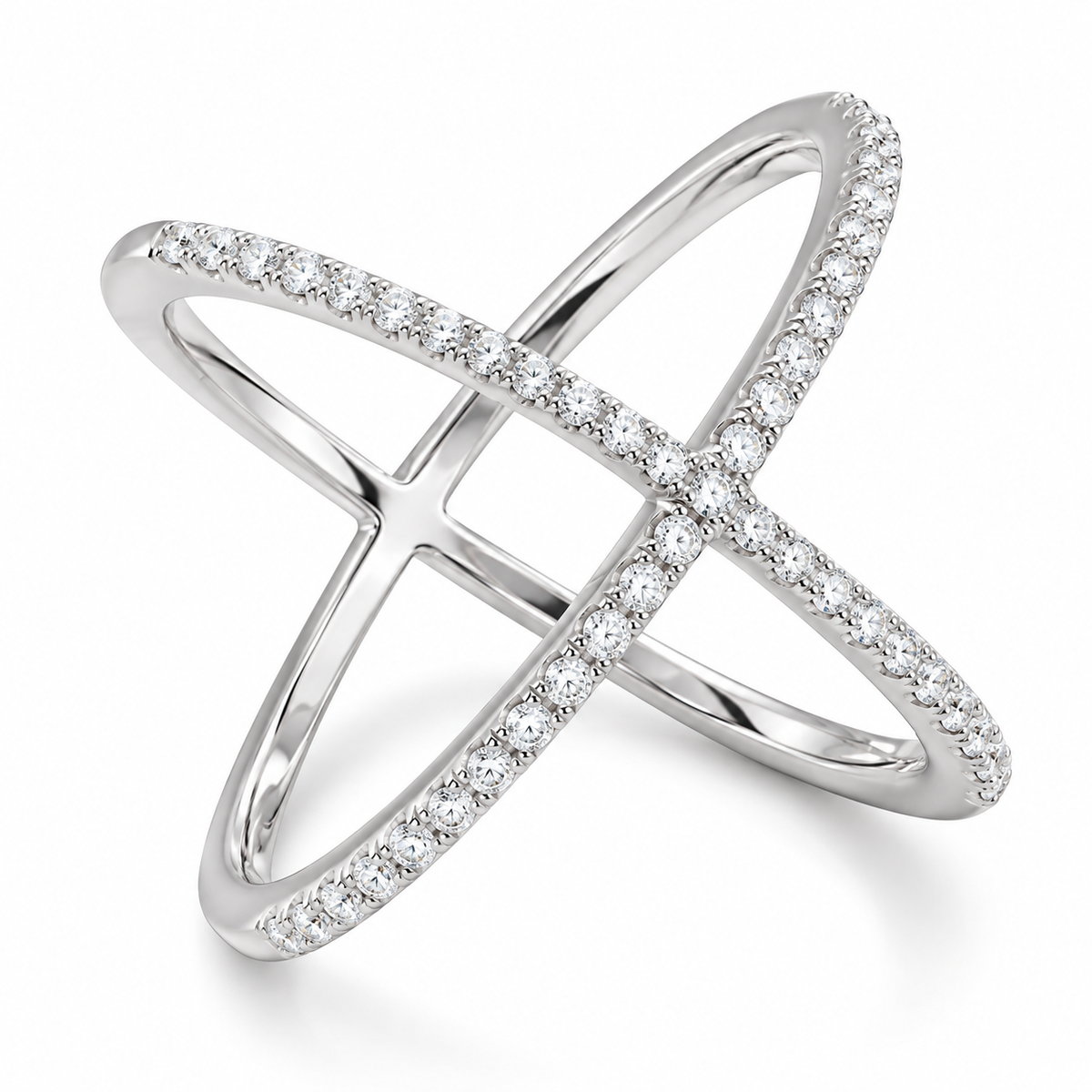 Rhodium Plated Criss Cross X Ring 925 Silver Signity CZ 20mm Polished Back