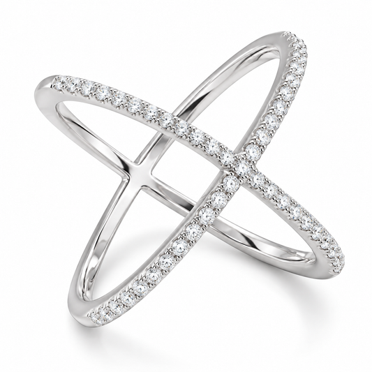 Rhodium Plated Criss Cross X Ring 925 Silver Signity CZ 20mm Polished Back