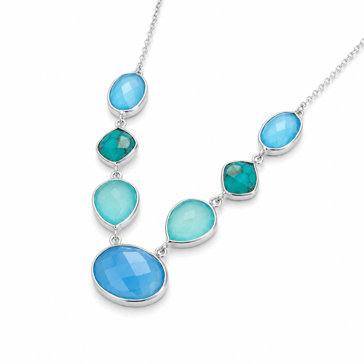 Turquoise Chalcedony Necklace 925 Silver Stabilized Aqua Blue 4-Shape 16+2in