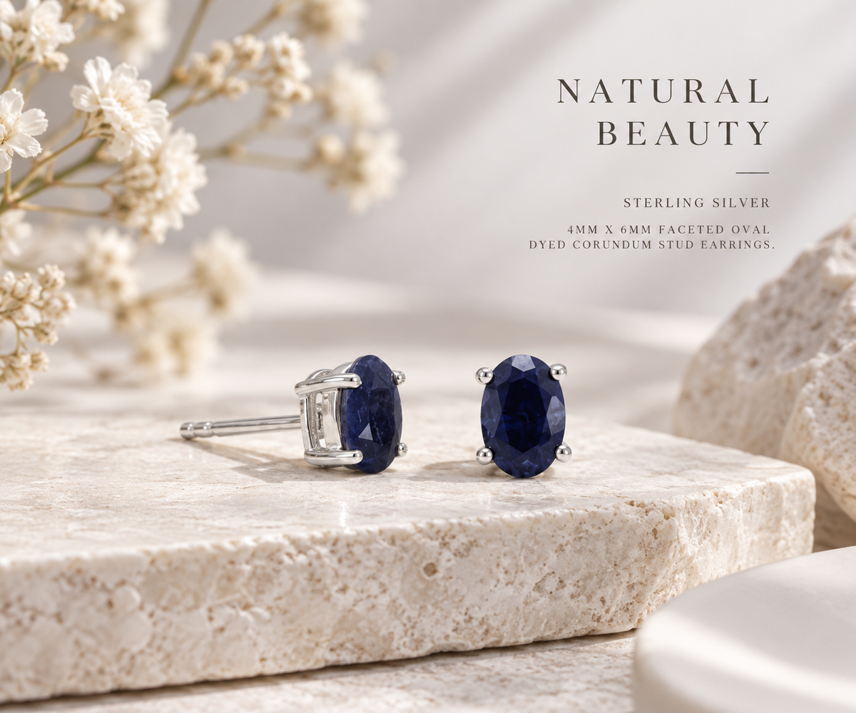 Blue Corundum Oval Stud Earrings 925 Sterling Silver 4x6mm Faceted Four-Prong