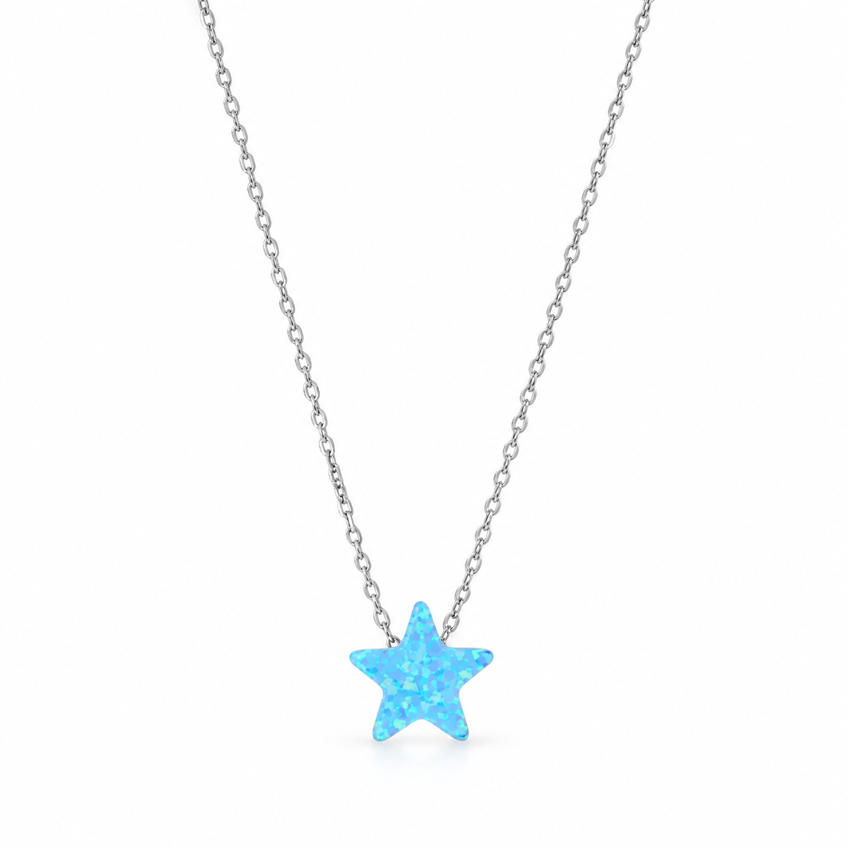 Blue Opal Star Necklace Rhodium 925 Sterling Silver Synthetic Floating 8.5mm 16+2