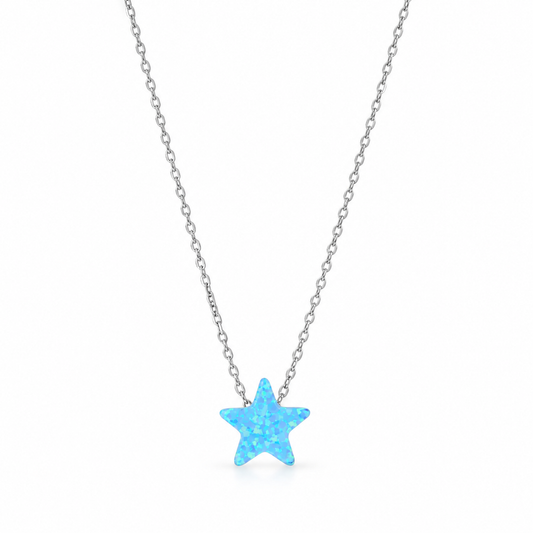 Blue Opal Star Necklace Rhodium 925 Sterling Silver Synthetic Floating 8.5mm 16+2