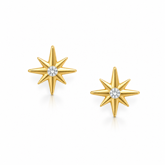 CZ Star Stud Earrings 14K Gold Plated 925 Sterling Silver 10mm Made in Italy