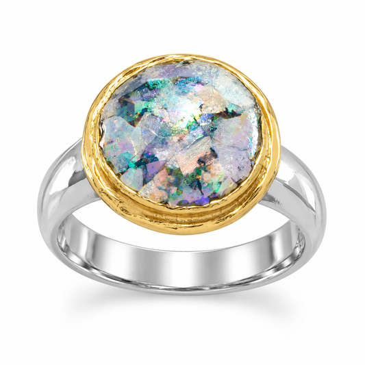 Two Tone Roman Glass Ring 18K Gold Edge 925 Silver Hammered 9mm w/ Certificate