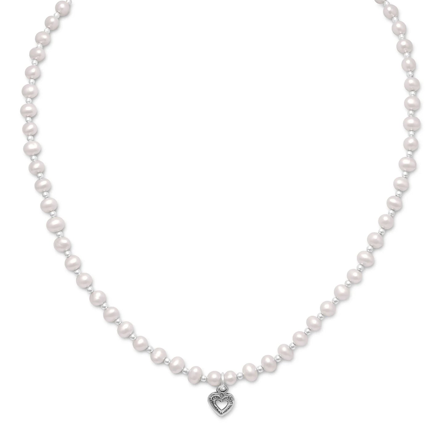 13"+2" Extension Cultured Freshwater Pearl/Silver Bead Necklace with Oxidized Heart