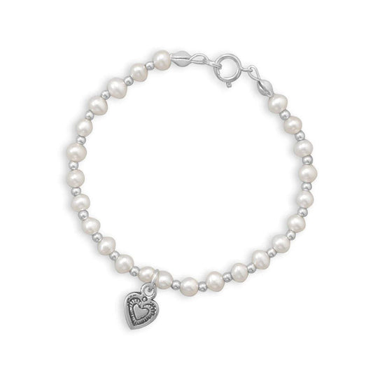 6" Bracelet with Cultured Freshwater Pearls, Silver Beads, and Oxidized Heart