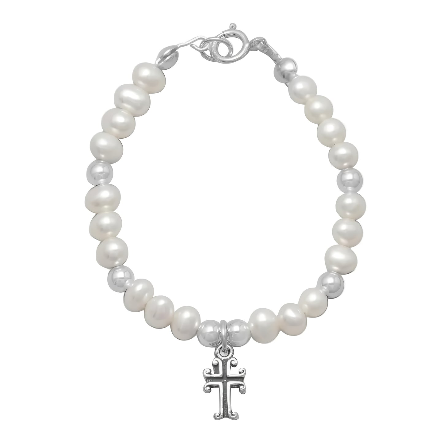 Freshwater Pearl Oxidized Cross Bracelet 925 Sterling Silver 4mm 5in