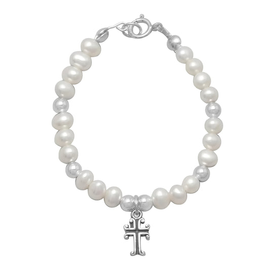 Pearl Cross Bracelet - Sterling Silver Religious Jewelry