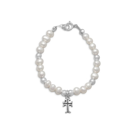 5" Silver Cross Bracelet with White Cultured Freshwater Pearls