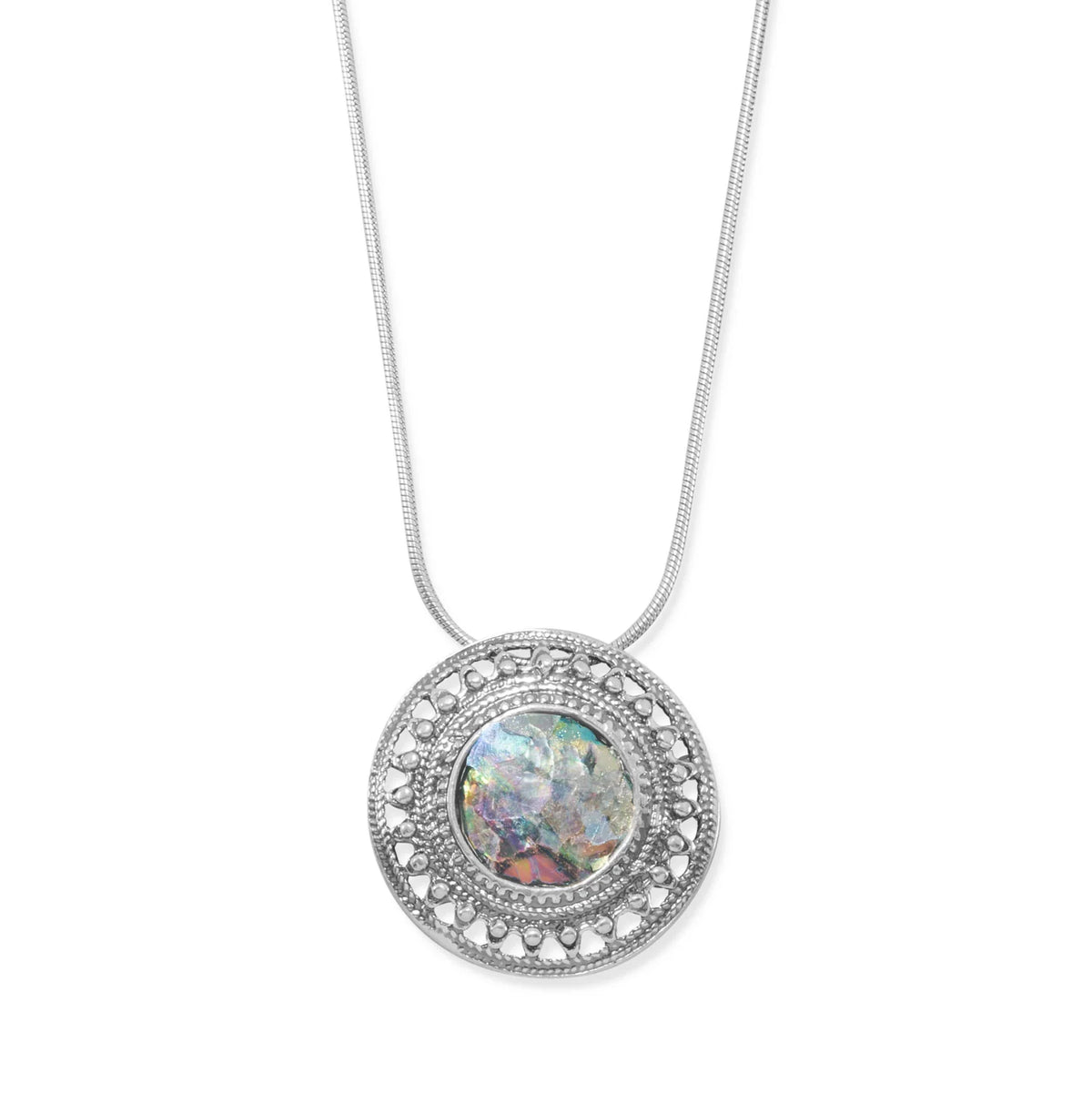 Roman Glass Round Pendant 925 Silver Snake Chain 23mm Rope Edge w/Certificate